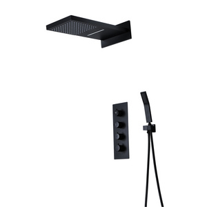 wall mounted rain and waterfall bathroom thermostatic shower faucet in black color