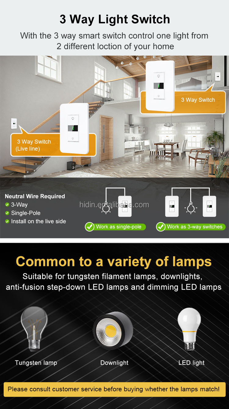 US Milfra 15A 3 Way Smart Life/Home App Voice Remote Control wifi dimmer switch TRIAC smart tuya dimmer switch for led lights