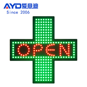 19*19" High Bright Electronic Green Indoor LED Pharmacy Cross Sign "Open" Indoor Acrylic Led Cross Signs for Drugstore