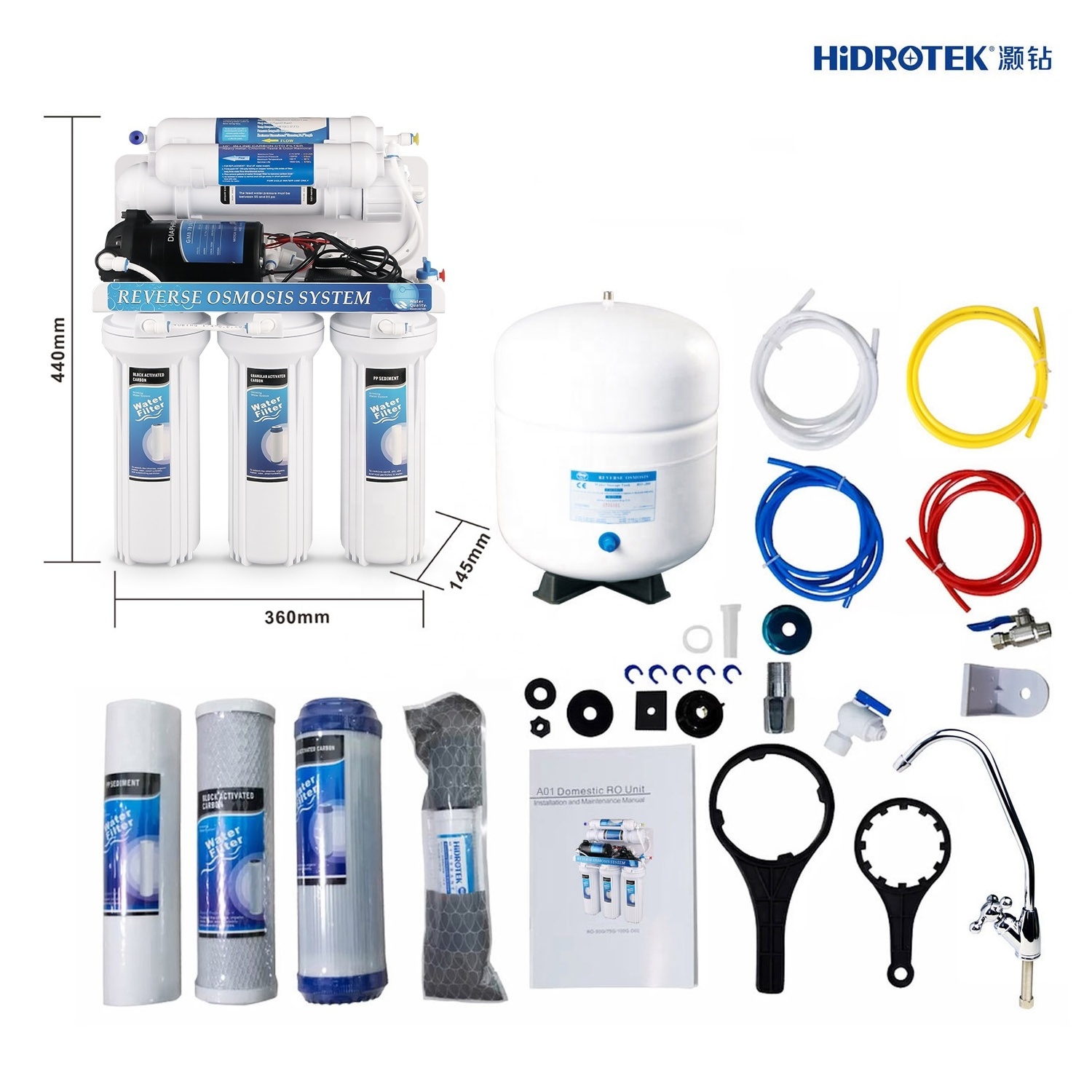 NSF Certified 50GPD/75GPD/100GPD 6 stage White Reverse Osmosis System with PH+ Alkaline Remineralization