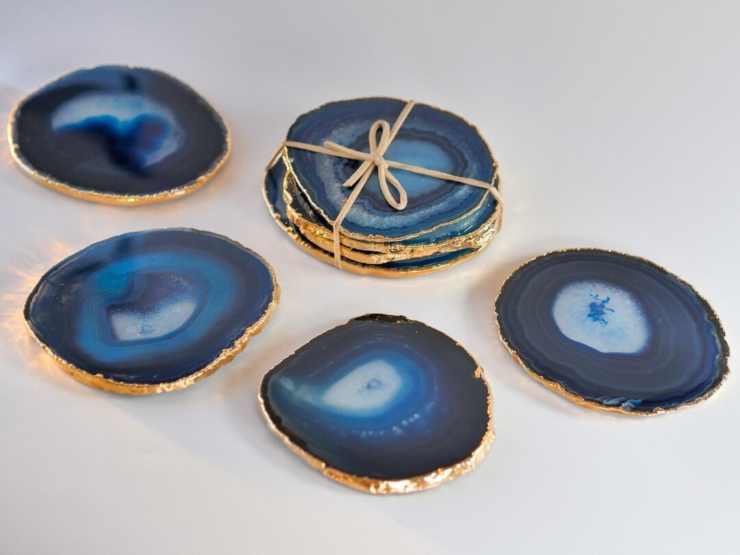 Agate Stone Tea Coasters For Drinkware Unique Tableware Slices Coasters with Golden Edge Kitchenware