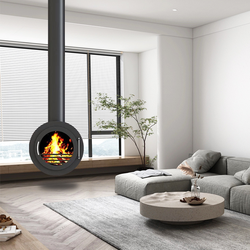 Roof mounted floating wood burning stove heating suspended fireplace