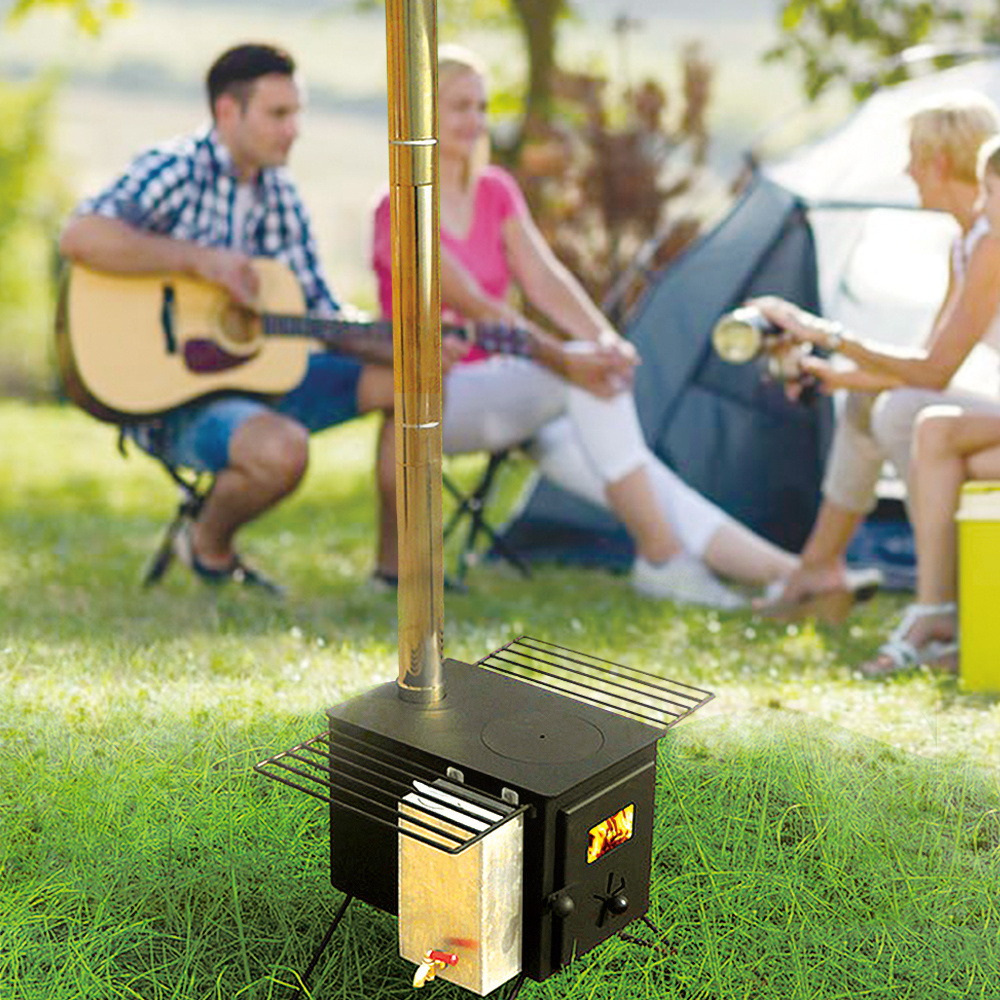 Portable mini wood stove boiler and outdoor camping cooking tent stove