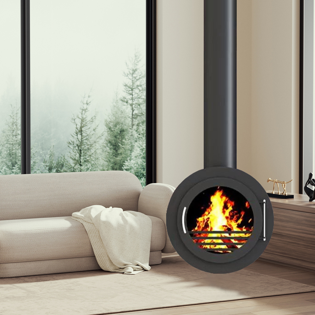 Roof mounted floating wood burning stove heating suspended fireplace