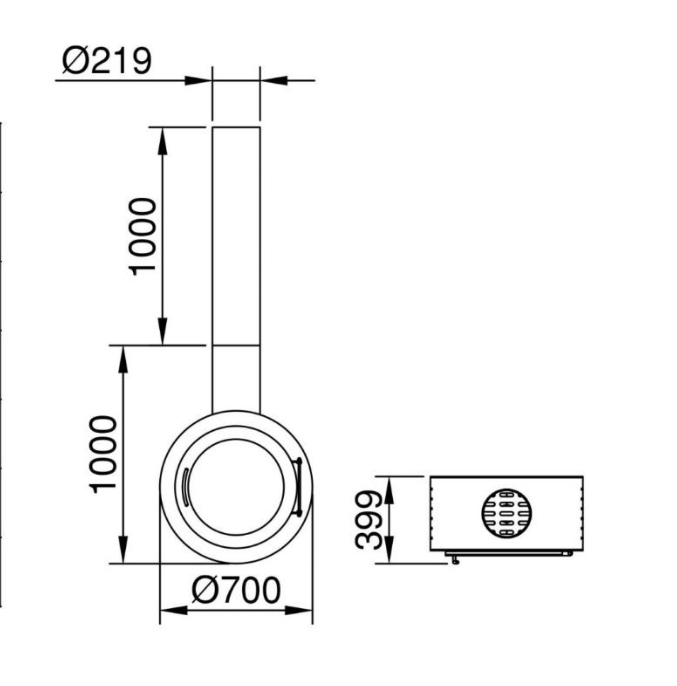 Roof mounted floating wood burning stove heating suspended fireplace