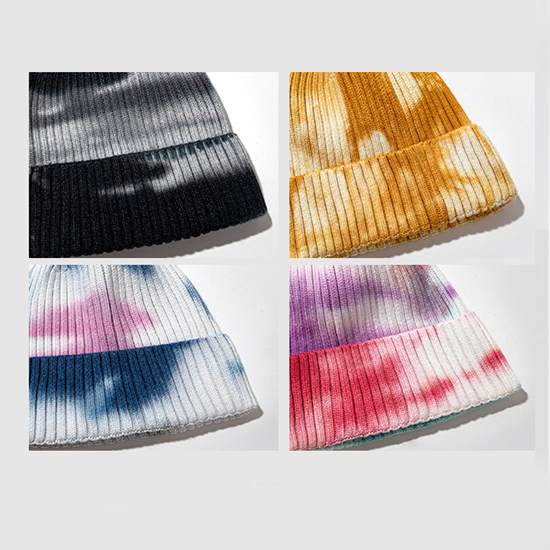 All over print tie dye head warmer knitted beanies winter streetwear tye dye beanie winter hats men women