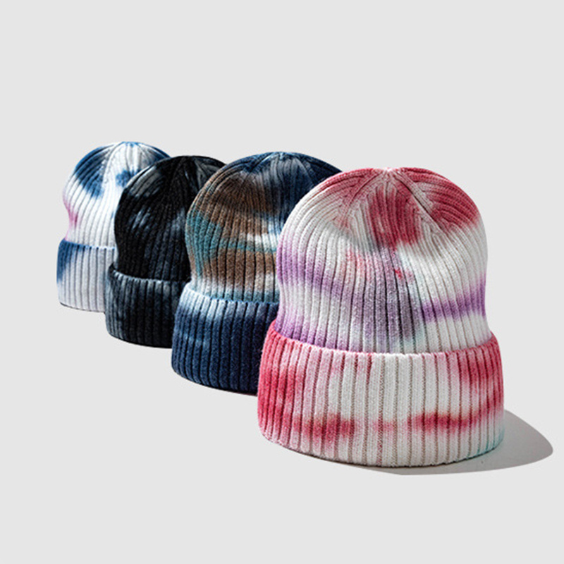 All over print tie dye head warmer knitted beanies winter streetwear tye dye beanie winter hats men women