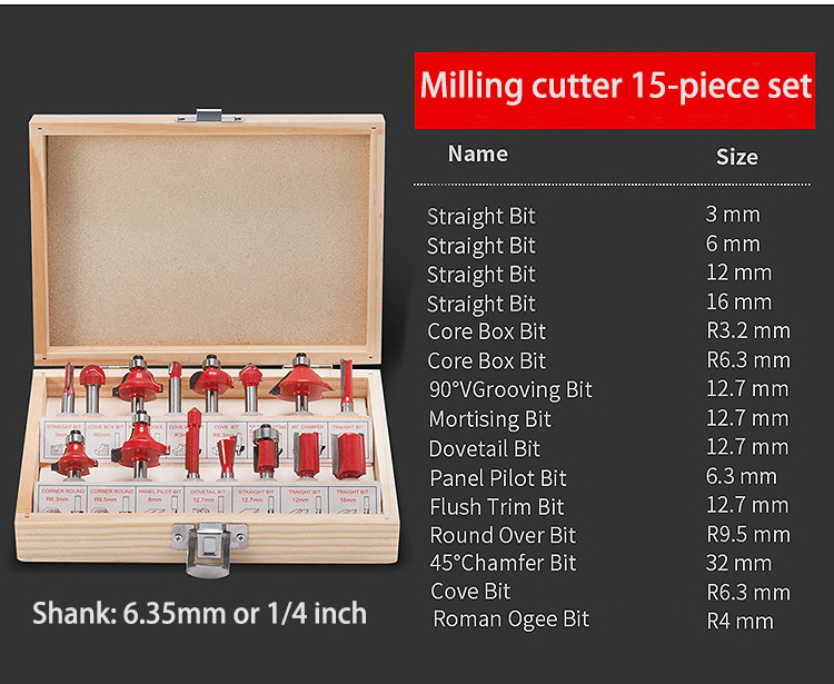 15PCS Router Bits Set Carbide Tipped Router Bits for Wood Woodworking Cutter Tool Safety Milling Cutters