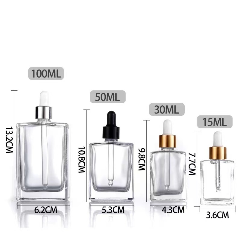 Custom Label 15ml 1oz 50ml 100ml Clear Square Glass Dropper Bottle With black gold dropper