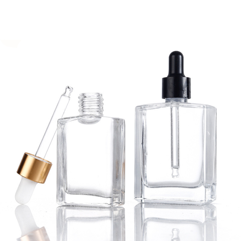 Custom Label 15ml 1oz 50ml 100ml Clear Square Glass Dropper Bottle With black gold dropper