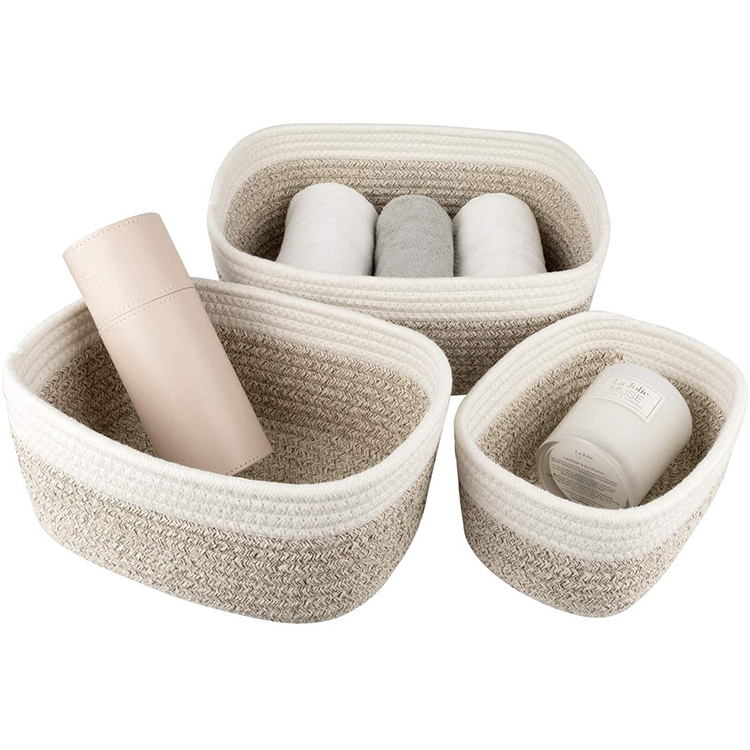 A set of three cotton rope storage baskets hot selling cosmetics storage box with handle