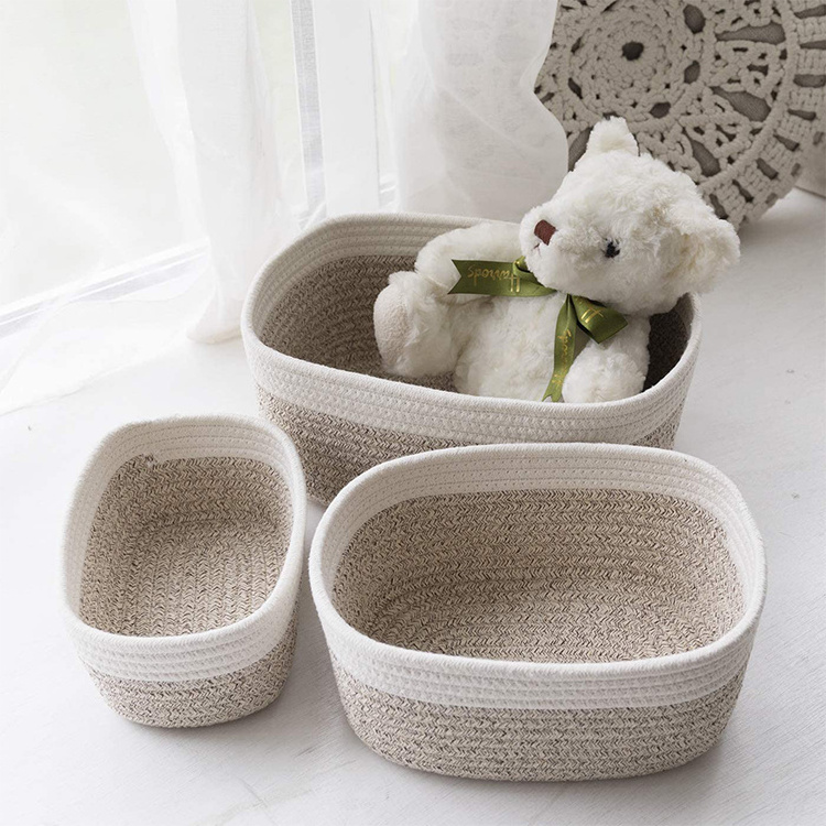 A set of three cotton rope storage baskets hot selling cosmetics storage box with handle