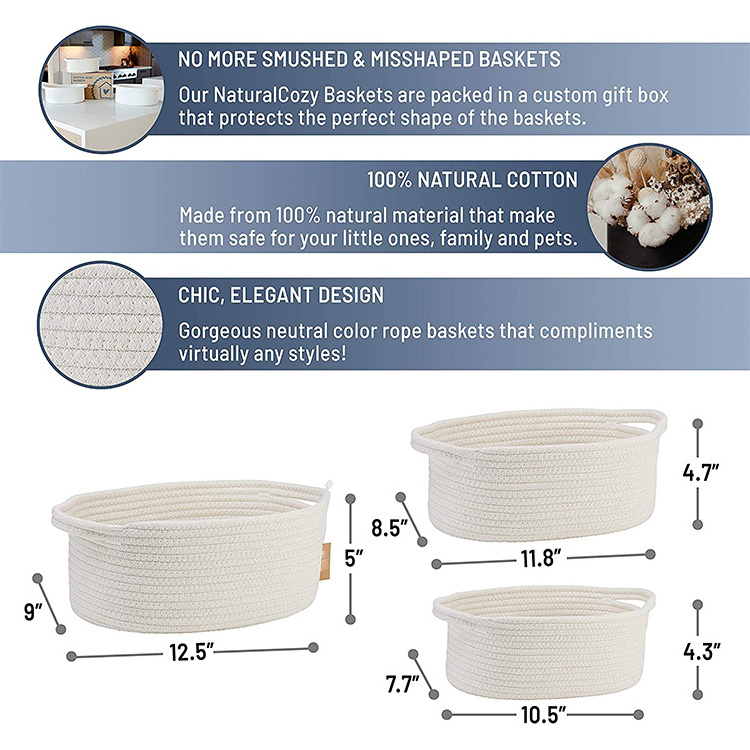 A set of three cotton rope storage baskets White oval factory wholesale storage basket with handle