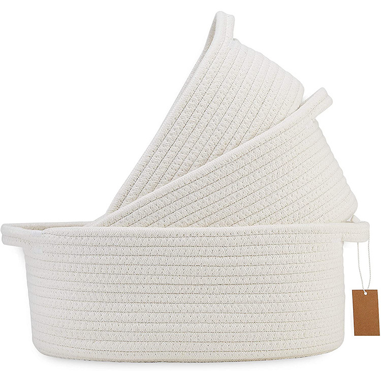 A set of three cotton rope storage baskets White oval factory wholesale storage basket with handle