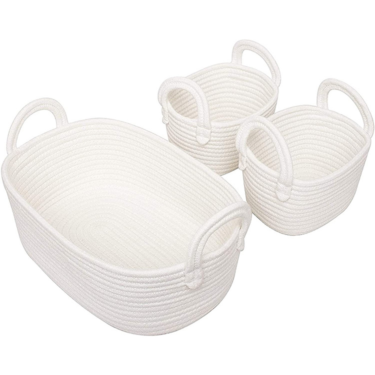 A set of three cotton rope storage baskets White oval factory wholesale storage basket with handle