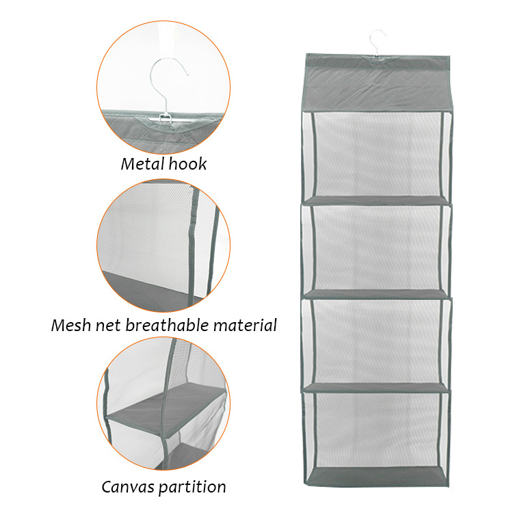 Hanging Mesh Storage Organizer Net 4 Compartments Foldable Toy Space Saving Bag for Kid Room Toys, Hats, Socks Storage