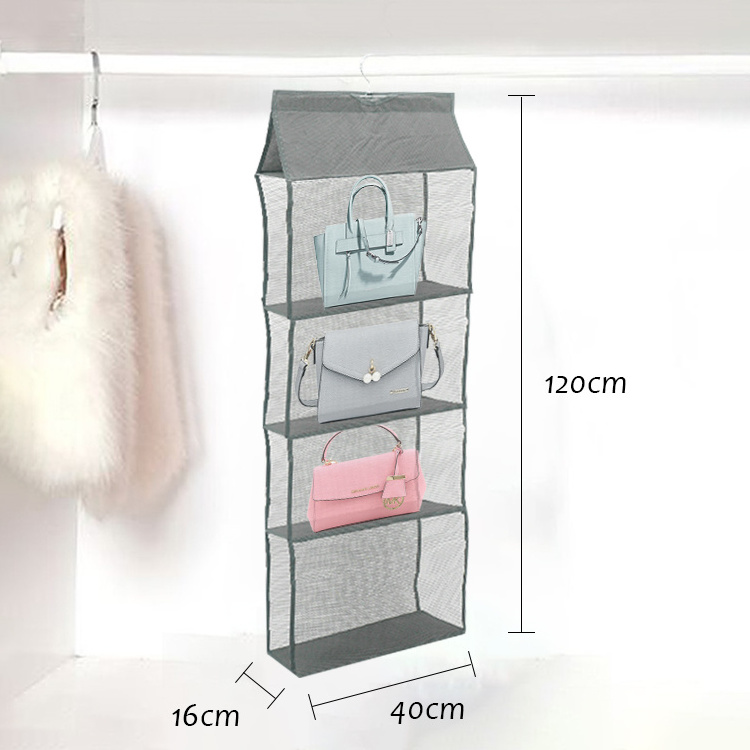 Hanging Mesh Storage Organizer Net 4 Compartments Foldable Toy Space Saving Bag for Kid Room Toys, Hats, Socks Storage