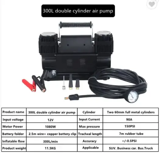 300L/MIN Car Tire Inflator Pump Double Cylinders  Fast Inflating Heavy Duty Full a Tyre In 40SECS 150PSI 12V/24V