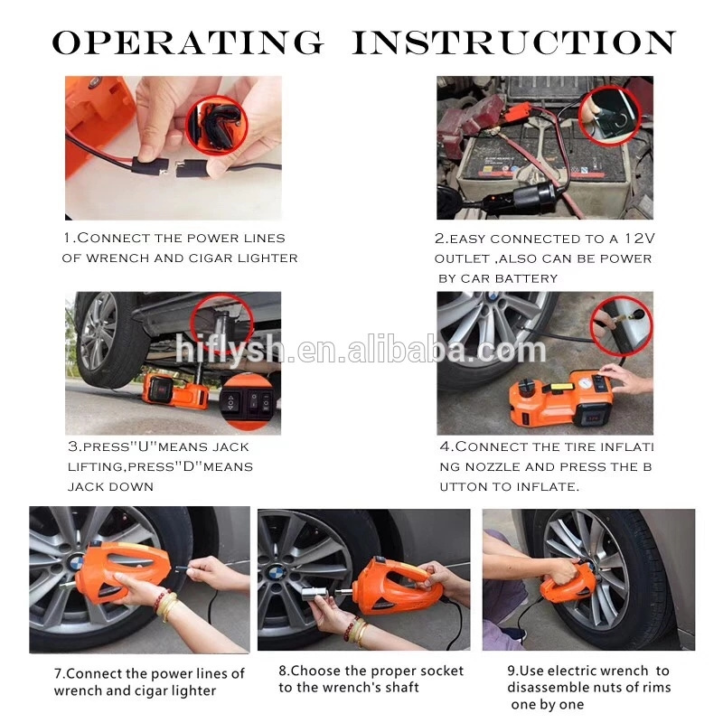 3664 3 in 1 Car Electric Hydraulic Floor Jack Tire Inflator Pump and LcElectric Impact  with WrenchED Flashlight