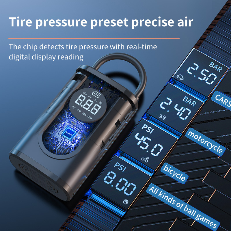 HF213SH Portable Tire Inflator 12V Air Compressor with Battery Digital Screen Emerncy LED Light for Tire Inflation