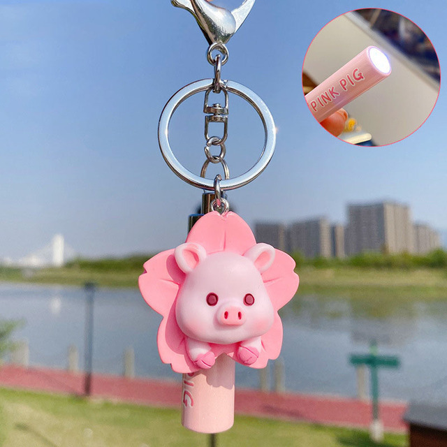 Cute Pink Blessing Pig Keychain Cartoon Flashlight Lighting Sakura Pig Car Keyring Girl Bag Pendant Keyfob Lanyard Women Gift