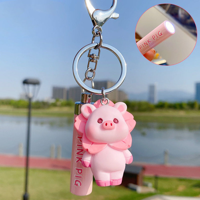 Cute Pink Blessing Pig Keychain Cartoon Flashlight Lighting Sakura Pig Car Keyring Girl Bag Pendant Keyfob Lanyard Women Gift