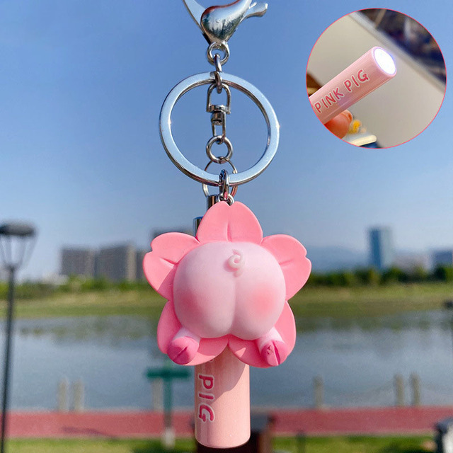 Cute Pink Blessing Pig Keychain Cartoon Flashlight Lighting Sakura Pig Car Keyring Girl Bag Pendant Keyfob Lanyard Women Gift