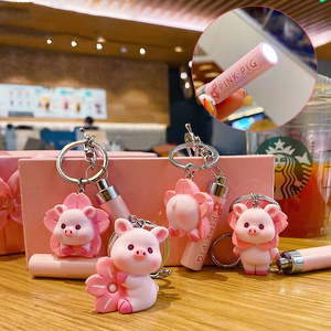 Cute Pink Blessing Pig Keychain Cartoon Flashlight Lighting Sakura Pig Car Keyring Girl Bag Pendant Keyfob Lanyard Women Gift