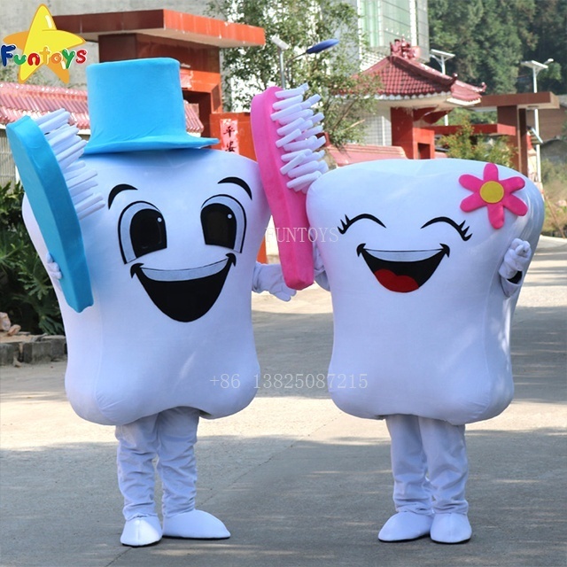 Funtoys white teeth and toothbrush mascot costume for care for tooth activity