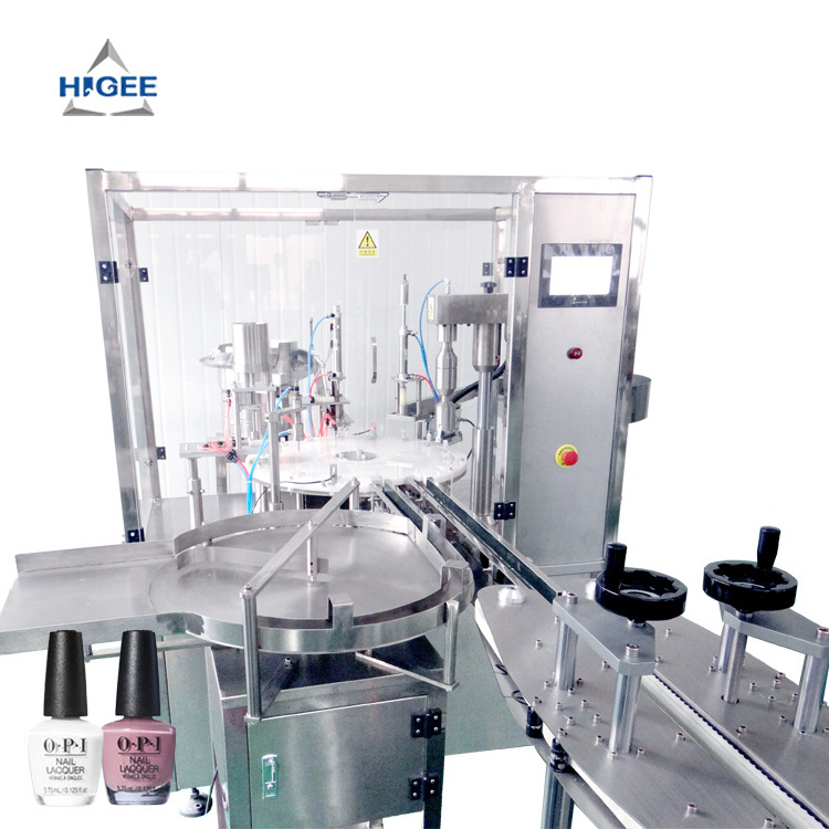 Higee Nail Polish Bottle Filling Cap Pressing Machine With Cap Vibratory Feeder gel liquid bottling