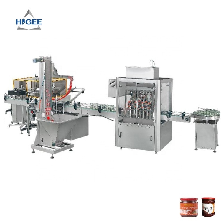 Higee hot sweet chilli sauce filling and capping machine with labeling machine glass bottle beef sauce filling machine