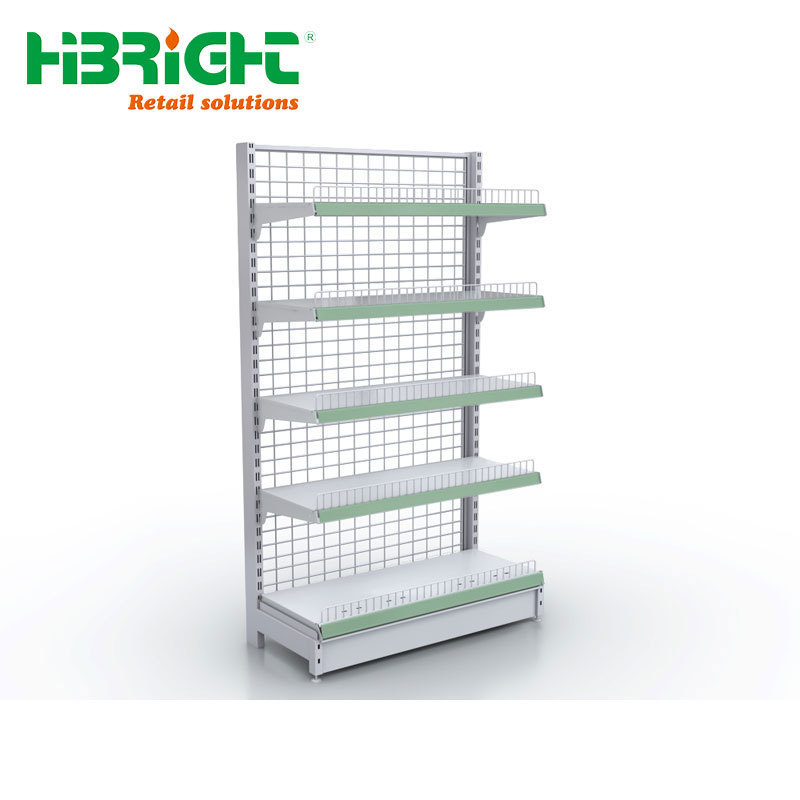 Light Duty White Metallic 5 Layer Wire Mesh Back Gondola Shelving Commercial Supermarket Shelves