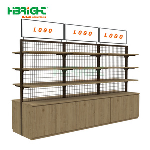 Wooden Cabinet Display Rack Wire Mesh Back Panel Supermarket Shelf