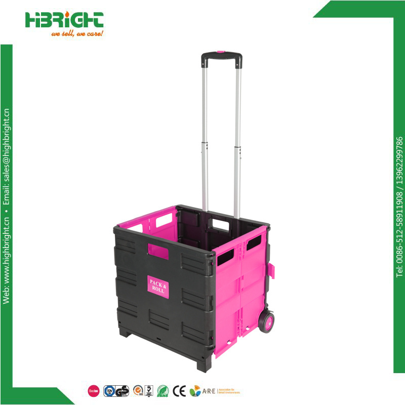 Personal shopping cart pack and roll box trolley plastic folding crate with wheels and handle