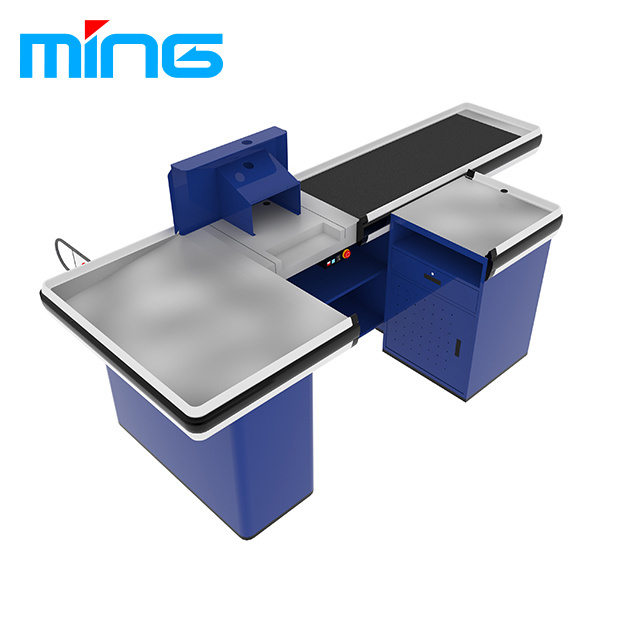 Retail modern shop design check out cashier counter with conveyor belt for supermarket