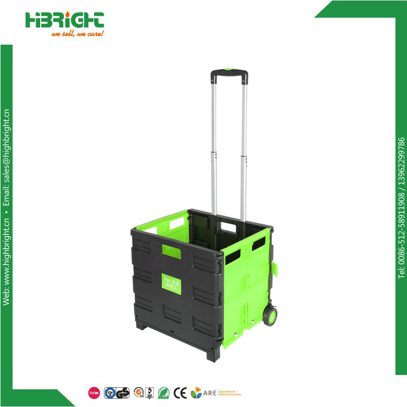 Personal shopping cart pack and roll box trolley plastic folding crate with wheels and handle