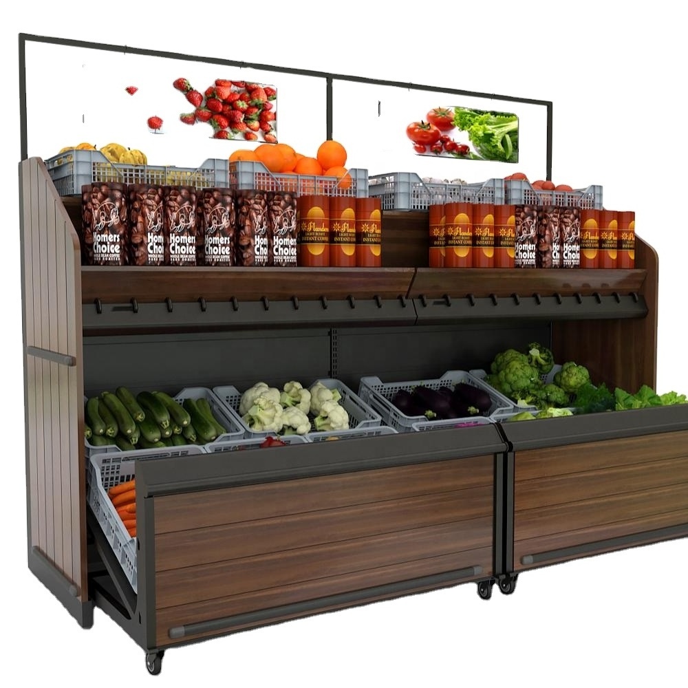 Food grade PVC lip on  vegetable and fruit display shelves with wooden decoration and drawer