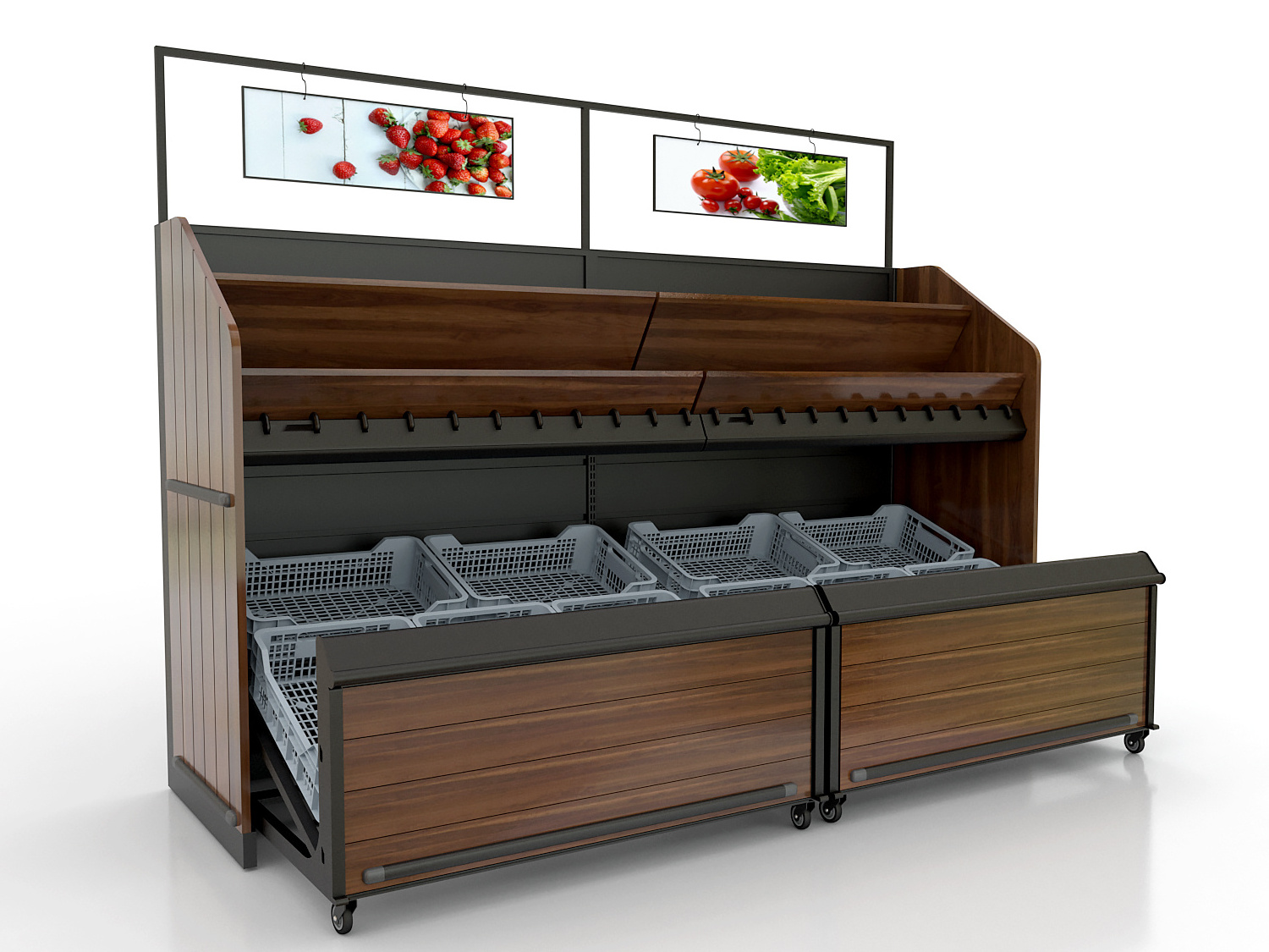 Food grade PVC lip on  vegetable and fruit display shelves with wooden decoration and drawer