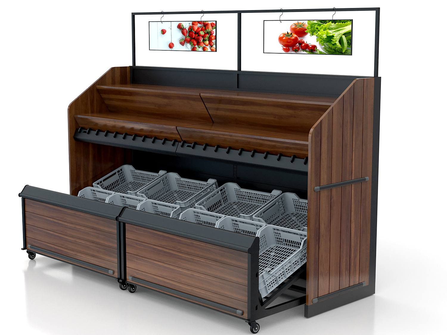 Food grade PVC lip on  vegetable and fruit display shelves with wooden decoration and drawer