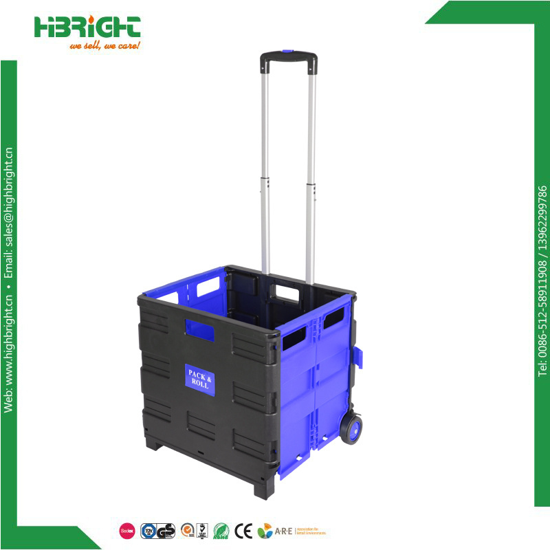 Personal shopping cart pack and roll box trolley plastic folding crate with wheels and handle