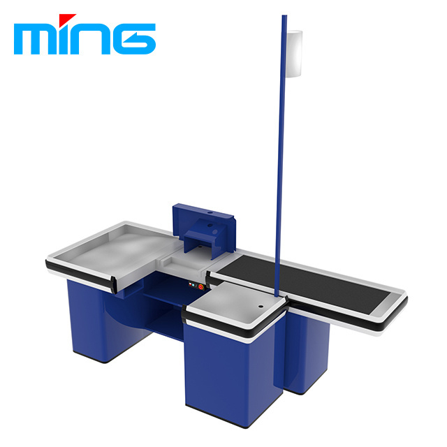 Retail modern shop design check out cashier counter with conveyor belt for supermarket