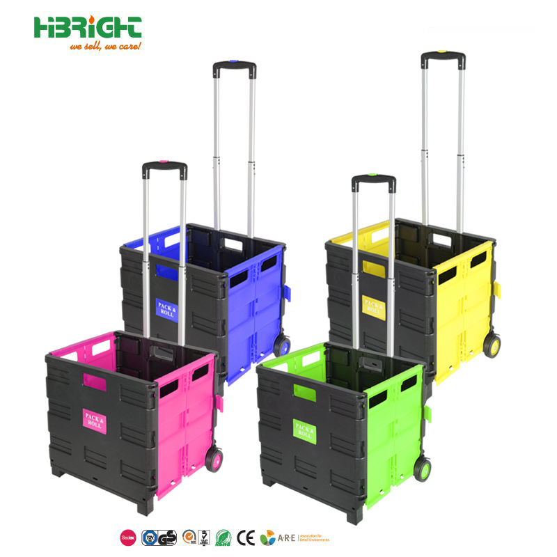 Personal shopping cart pack and roll box trolley plastic folding crate with wheels and handle