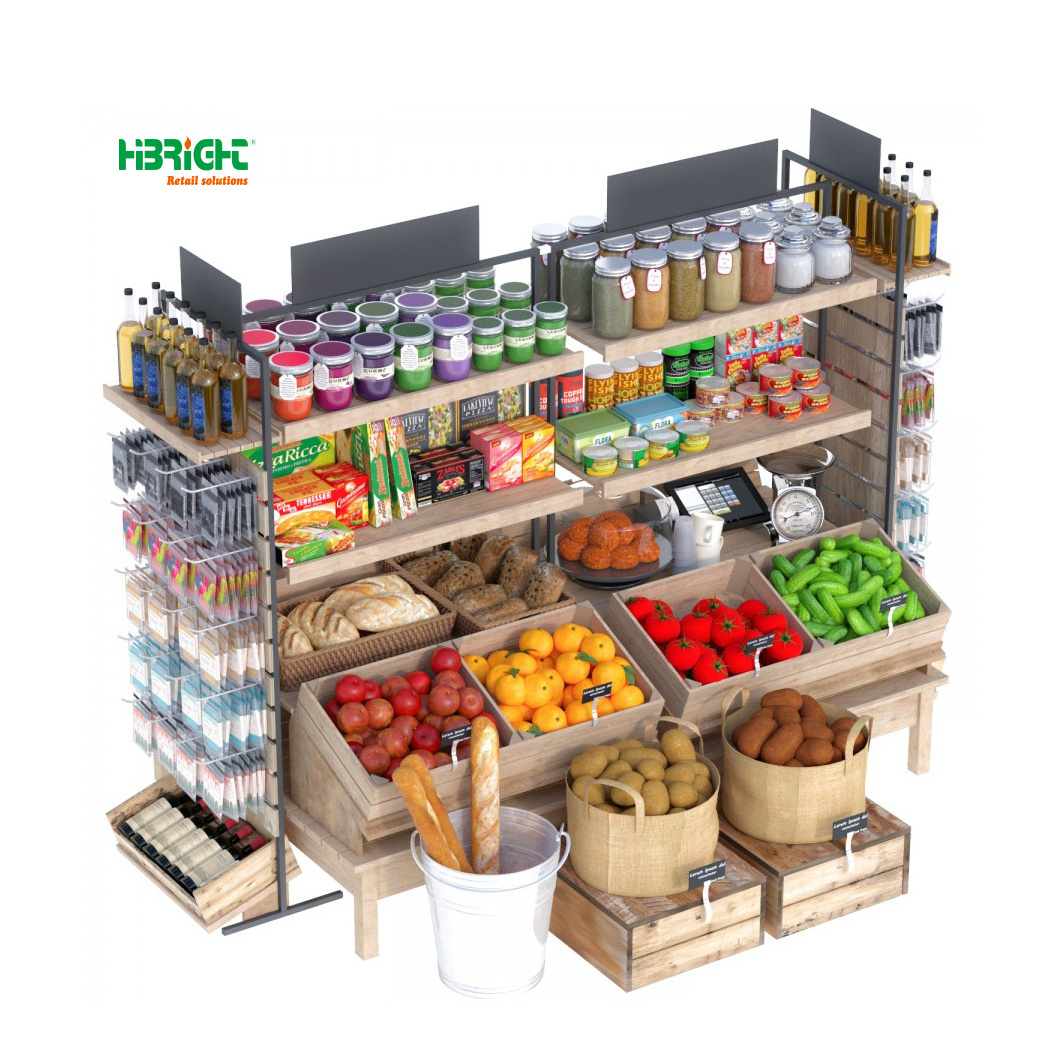 Market Shelves Wooden Metallic Fruit Display Rack Supermarket Vegetable Display Shelves