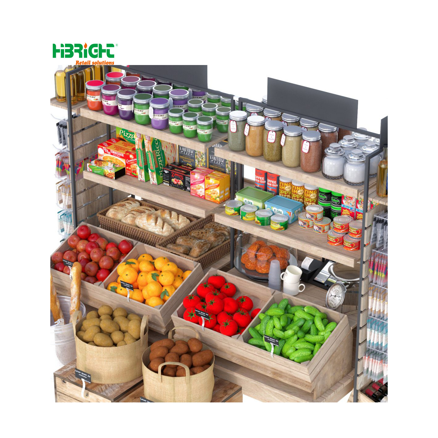 Market Shelves Wooden Metallic Fruit Display Rack Supermarket Vegetable Display Shelves