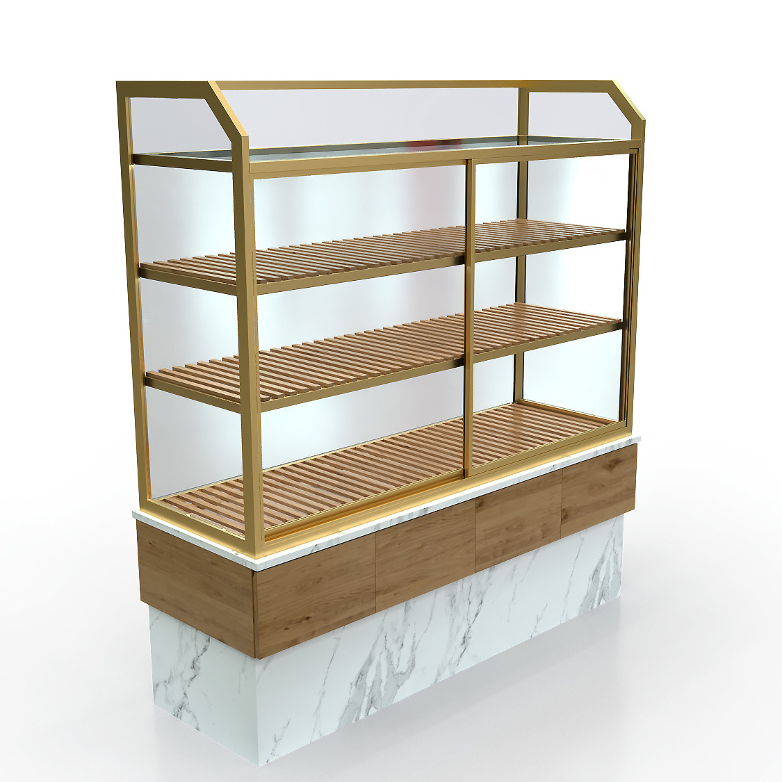 Wood Metal Bakery Store Bread Display Racks Cabinet Shelf With Customized Advertisement Board