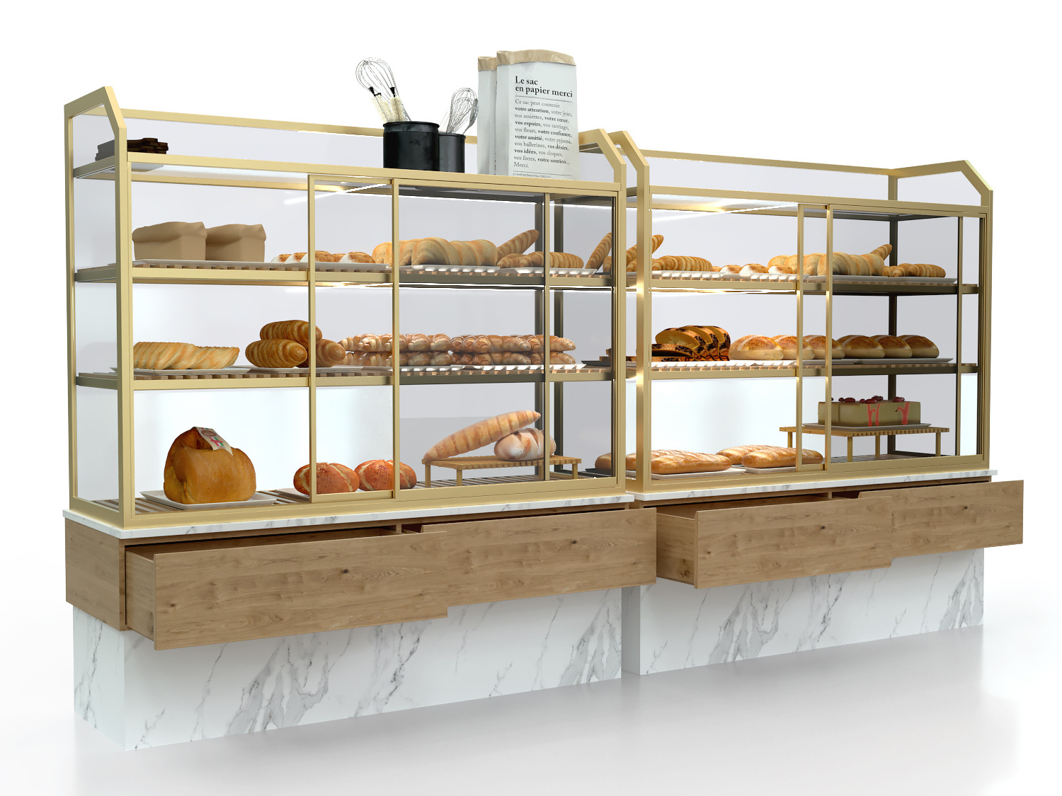 Wood Metal Bakery Store Bread Display Racks Cabinet Shelf With Customized Advertisement Board