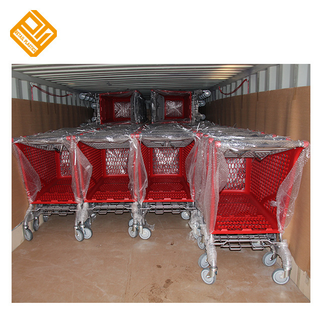 220L Hypermarket  Supermarket Grocery Store Push Trolley Plastic Shopping Cart with Advertising Handle