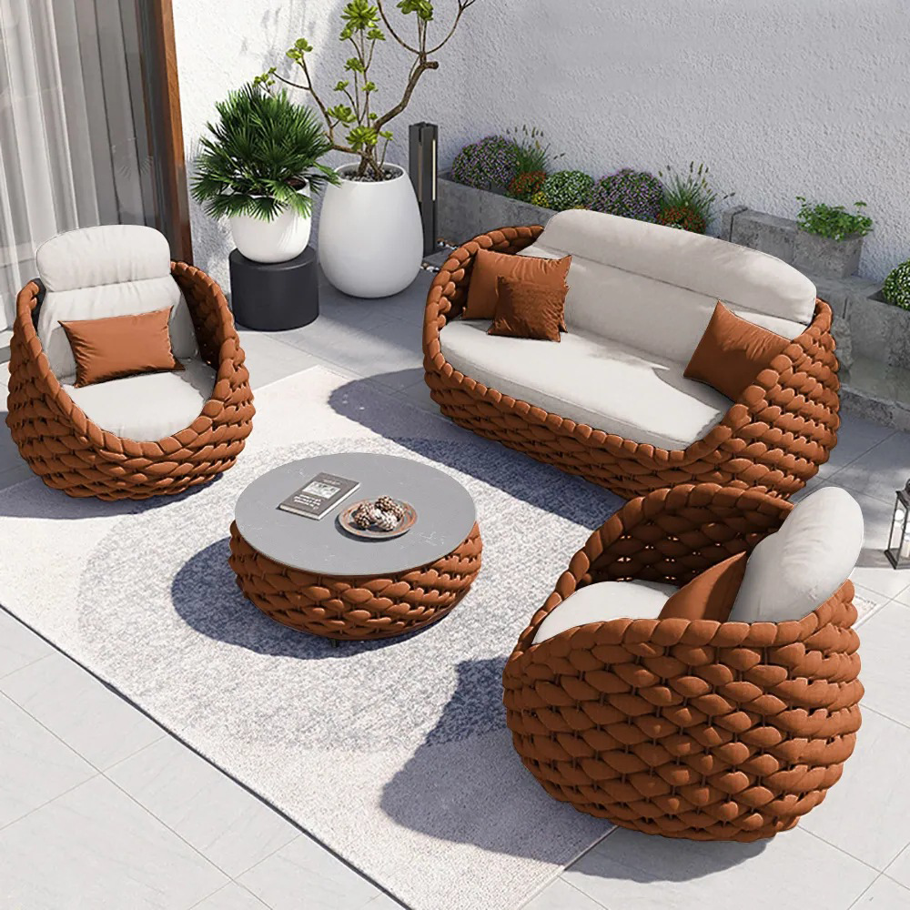 2023 Luxury hotel garden waterproof outdoor furniture set park rattan weave rope furniture all weather outdoor furniture set