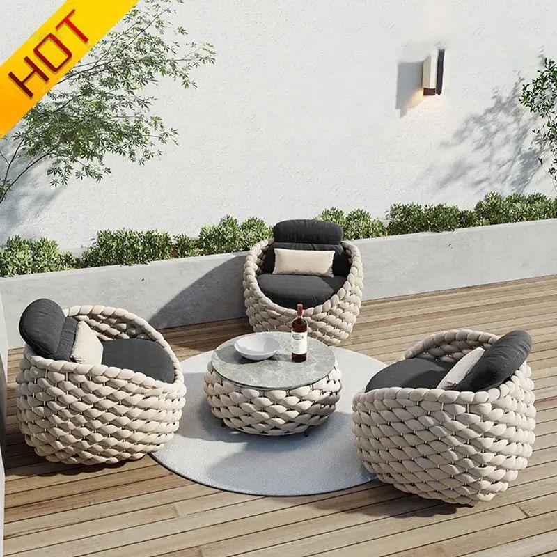 2023 Luxury hotel garden waterproof outdoor furniture set park rattan weave rope furniture all weather outdoor furniture set