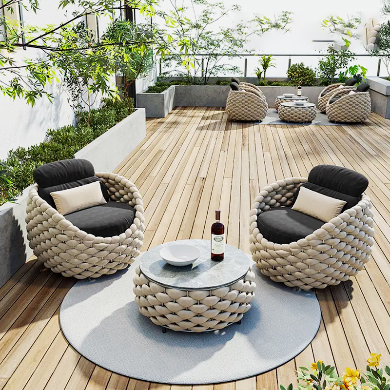 2023 Luxury hotel garden waterproof outdoor furniture set park rattan weave rope furniture all weather outdoor furniture set